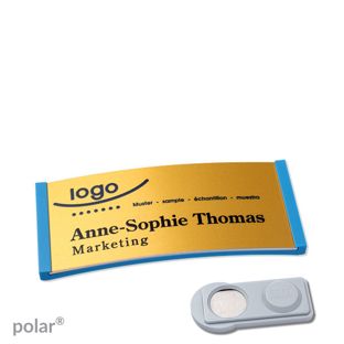 Name badges polar® alu-complete magnet 65 x 30 mm  | medium blue  | gold  | smag® Magnet 