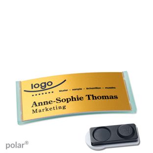Name badges polar® alu-complete magnet 65 x 30 mm  | translucent|green  | gold  | smag® magnet, extra strong 