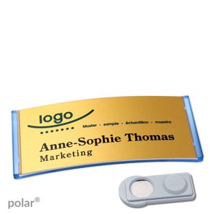 Name badges polar® alu-complete magnet 74 x 34 mm  | translucent|blue  | gold  | smag® Magnet 