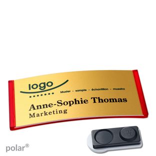 Name badges polar® alu-complete magnet 74 x 34 mm  | translucent|red  | gold  | smag® magnet, extra strong 
