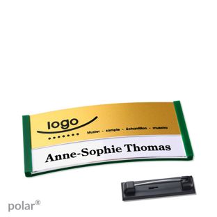 Name badges polar® alu-print Stainless steel pin 65 x 30 mm  | green  | gold 