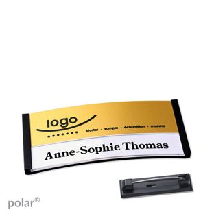 Name badges polar® alu-print Stainless steel pin 65 x 30 mm  | black  | gold 