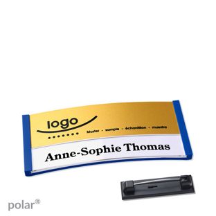 Name badges polar® alu-print Stainless steel pin 65 x 30 mm  | blue  | gold 