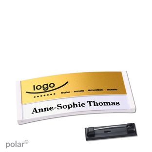 Name badges polar® alu-print Stainless steel pin 65 x 30 mm  | white  | gold 