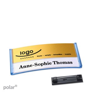 Name badges polar® alu-print Stainless steel pin 65 x 30 mm  | translucent|blue  | gold 