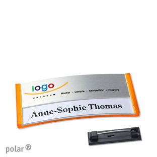 Name badges polar® alu-print Stainless steel pin 65 x 30 mm  | translucent|orange  | silver 