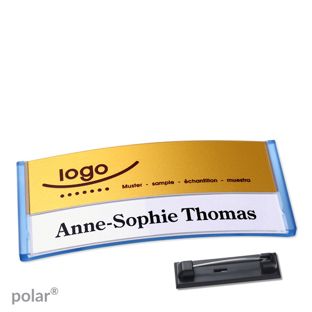 Name badges polar® alu-print Stainless steel pin 74 x 34 mm  | translucent|blue  | gold 