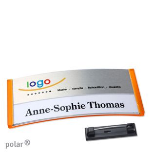 Name badges polar® alu-print Stainless steel pin 74 x 34 mm  | translucent|orange  | silver 