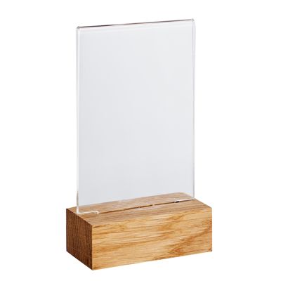 Acrylic sign holder with wood base Oak  | A7  | Portrait 