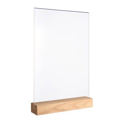 Menu holder MODUL, acrylic pocket with wooden base A4  | Oak  | wooden base with straight insertion slot 