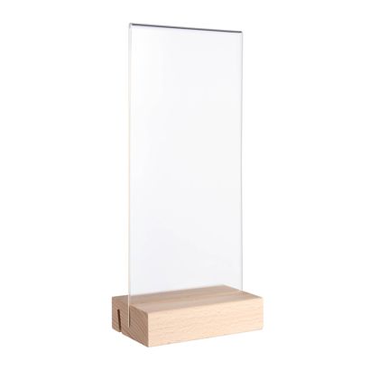 Menu holder MODUL, acrylic pocket with wooden base 1/3 A4  | Beech  | wooden base with straight and angled insertion slot 