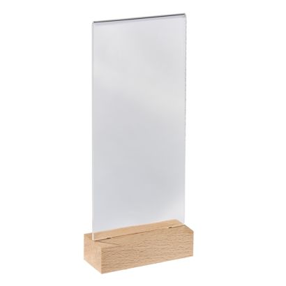 Acrylic sign holder with wood base Beech  | 1/3 A4  | Portrait 