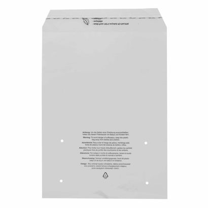 Bags with flap, with warning imprint, PIR foil, recloseable, transparent 350 x 430 mm