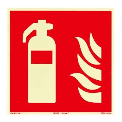 Fire extinguisher sign, phosphorescent, plastic, ISO 7010 200 x 200 mm 