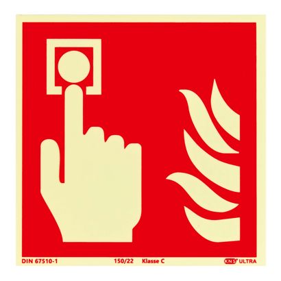 Fire Alarm Call Point sign, phosphorescent, plastic, ISO 7010 150 x 150 mm