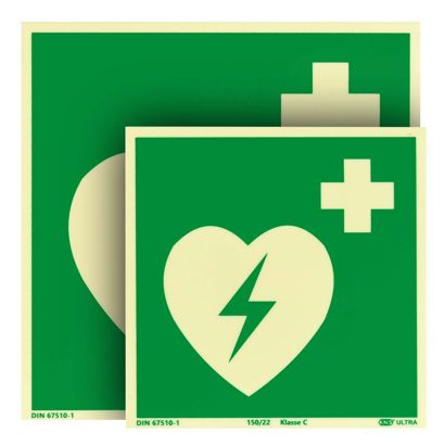 Automated External Defibrillator (AED) sign, phosphorescent, plastic, ISO 7010 