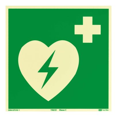 Automated External Defibrillator (AED) sign, phosphorescent, plastic, ISO 7010 200 x 200 mm