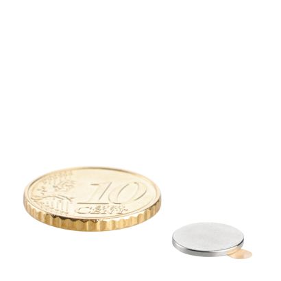 Kotoučové magnety z neodymu, samolepicí, lepicí plocha na jižním pólu, 10 mm x 1 mm, N35 