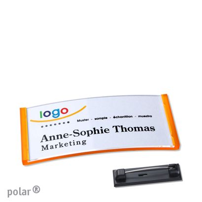 Name badges with pin polar® translucent, orange | 65 x 30 mm