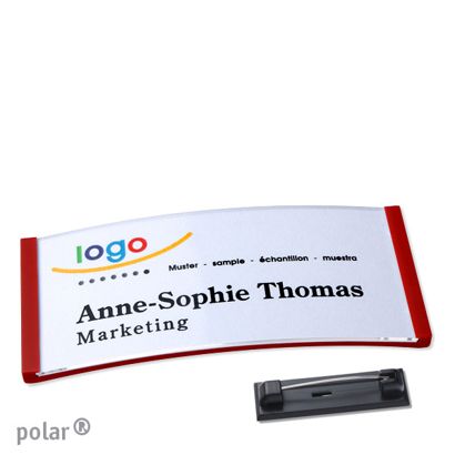 Name badges with pin polar® red | 74 x 34 mm