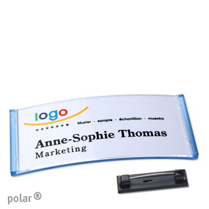 Name badges with pin polar® translucent, blue | 74 x 34 mm