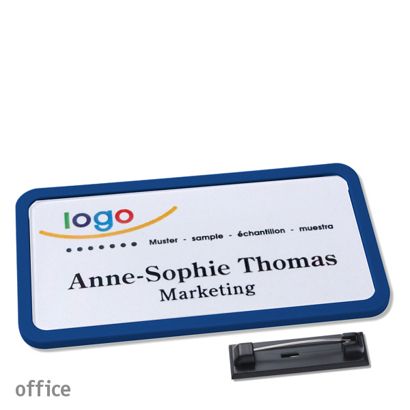 Name badges with pin OFFICE dark blue | 75 x 37 mm