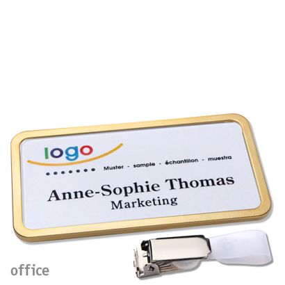 Name badges with hanger clip Office Hanger clip | gold | 75 x 37 mm