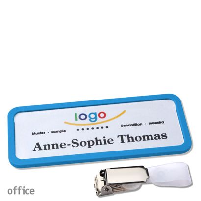 Name badges with hanger clip Office Hanger clip | medium blue | 75 x 27 mm