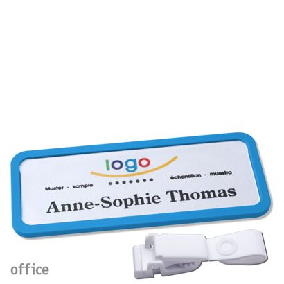 Name badges with hanger clip Office Hanger clip metal-free | medium blue | 75 x 27 mm