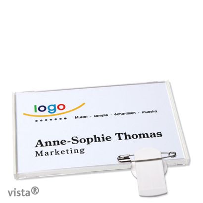 Name badges with clamp Vista 40 white | 75 x 47 mm