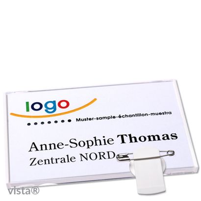 Name badges with clamp Vista 40 white | 85 x 54 mm