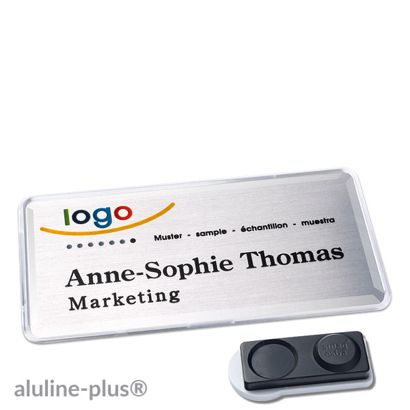 Name badges aluline-plus®, magnetic smag® magnet, extra strong | silver | 76 x 38 mm