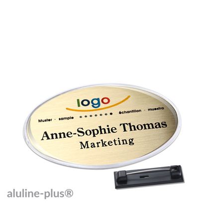 Name badges with pin aluline plus gold | 65 x 43 mm