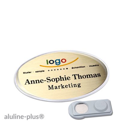 Name badges aluline-plus®, magnetic smag® Magnet | gold | 65 x 43 mm
