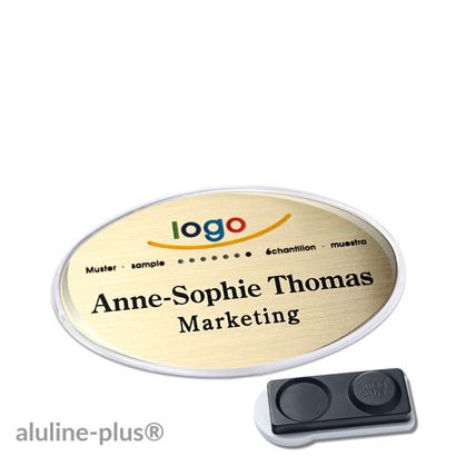 Name badges aluline-plus®, magnetic smag® magnet, extra strong | gold | 65 x 43 mm