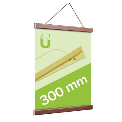 Upínací lišty na plakáty ze dřeva, s provázkem pro zavěšení a magnetickým upevněním 300 mm | tmavě hnědá 