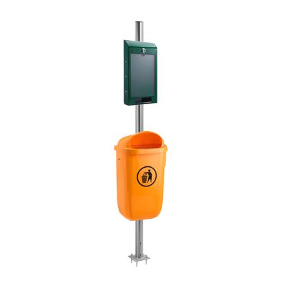 Dog waste station with bag dispenser, outdoor, orange bin, with A4 information compartment green
