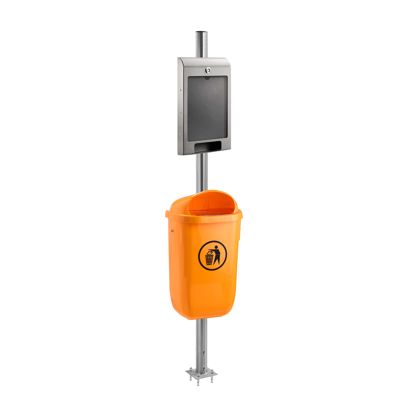 Dog waste station with bag dispenser, outdoor, orange bin, with A4 information compartment dark grey
