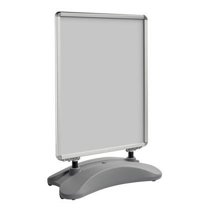 Pavement sign STORM-STOP Lite B1 with water tank, windproof, 32 mm profile, round corners, silver 