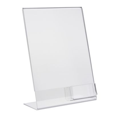 L-stand with extra compartment PREMIUM, acrylic portrait | A4 + 56 x 88 mm