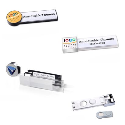 Name badges amigo® alu-print magnet white  | smag® magnet, extra strong  | circle  | chrome  | gold 