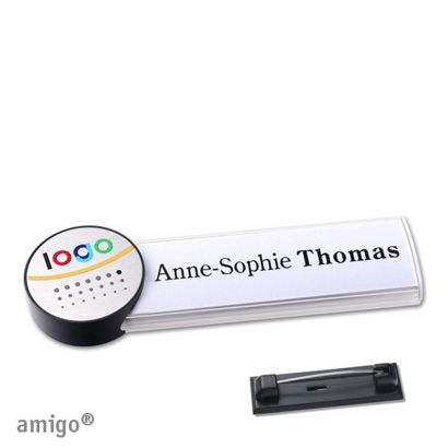 Name badges amigo® alu-print stainless steel pin white  | circle  | anthracite  | silver 
