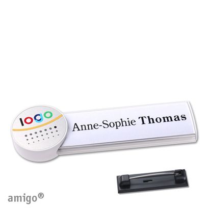 Name badges amigo® alu-print stainless steel pin white  | circle  | white  | silver 