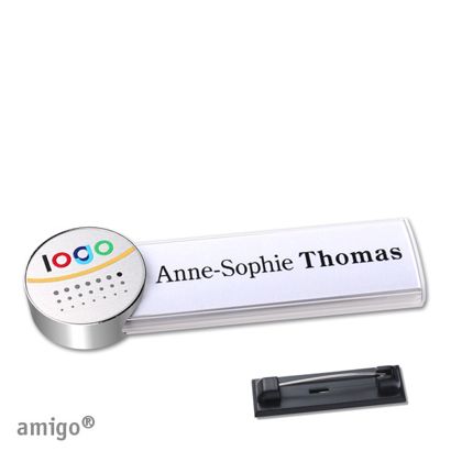Name badges amigo® alu-print stainless steel pin white  | circle  | chrome  | silver 