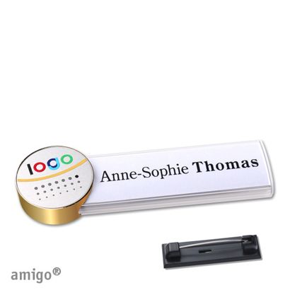 Name badges amigo® alu-print stainless steel pin white  | circle  | gold  | silver 