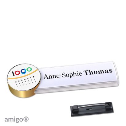Name badges amigo® alu-print stainless steel pin white  | circle  | gold  | white 