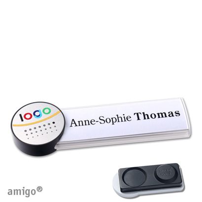 Name badges amigo® alu-print magnet white  | smag® magnet, extra strong  | circle  | anthracite  | silver 