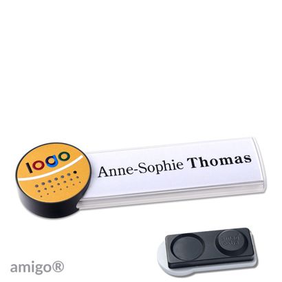 Name badges amigo® alu-print magnet white  | smag® magnet, extra strong  | circle  | anthracite  | gold 