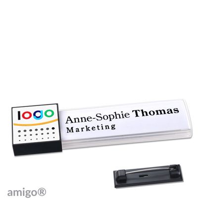 Name badges amigo® alu-print magnet white  | Stainless steel pin  | square  | anthracite  | white 