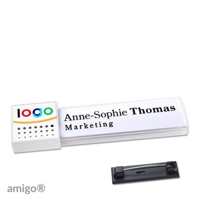 Name badges amigo® alu-print magnet white  | Stainless steel pin  | square  | white  | white 